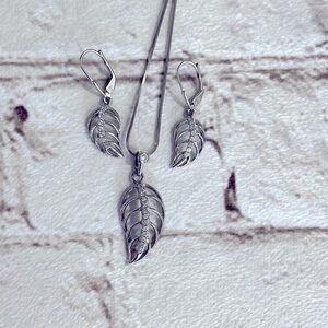 Silver White Gold Leaf Earrings Necklace